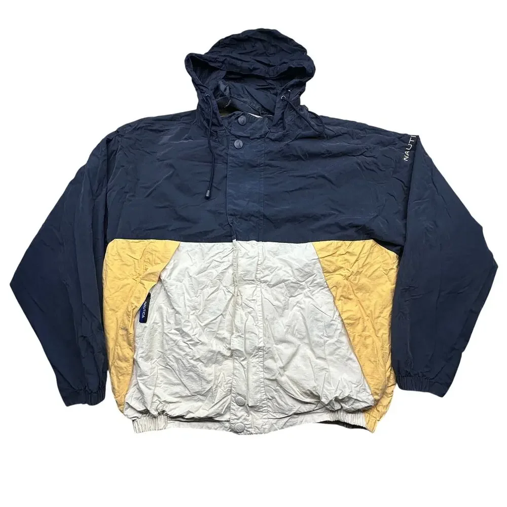 Vintage Nautica Reversible Jacket Men XL Colorblock Hood Navy Yellow Lightweight